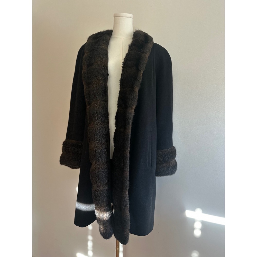 Albert Nipon Studio Vintage Faux Fur Trim Wool Coat Black Mob Wife Old Money M